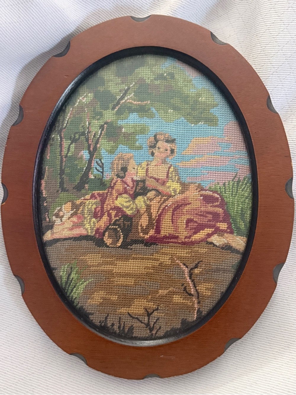 Vintage Fête Galante Needlepoint in Scalloped Oval Wood Frame